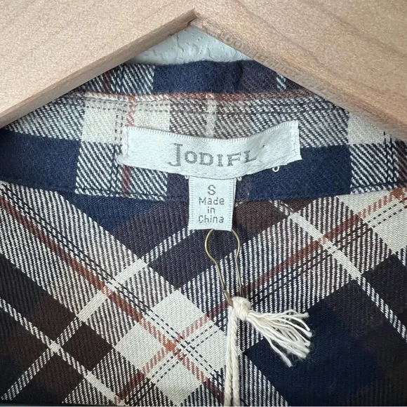 JODIFL Plaid Flannel & Lace Shirt Top Button Western Navy Cream Brown S … - Picture 4 of 8